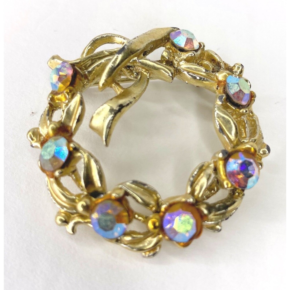 1960 Gold Tone Aurora Vintage Brooch Rhinestones, Circle - Picture 1 of 10